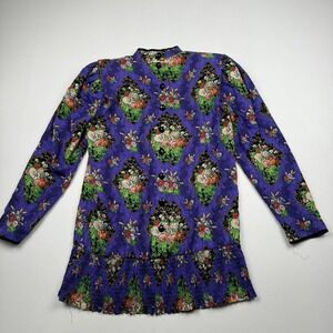 Vintage Richard Warren Top Womens Large Purple Floral Ruffle Long Sleeve 80s